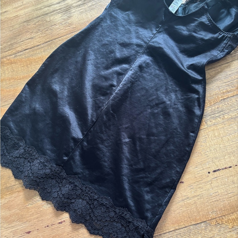 Victoria's Secret Black Satin Chemise with Lace Trim